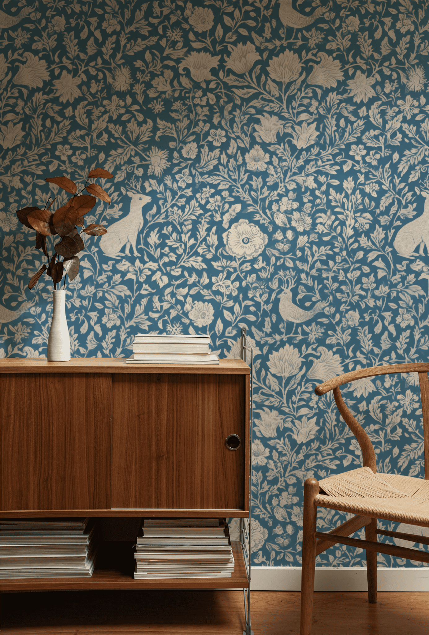 A wooden sideboard with stacked books and a white vase sits beside a woven chair, set against the serene blue Whimsical Meadow Wallpaper featuring birds and leaves, evoking a feeling of whimsical tranquility.