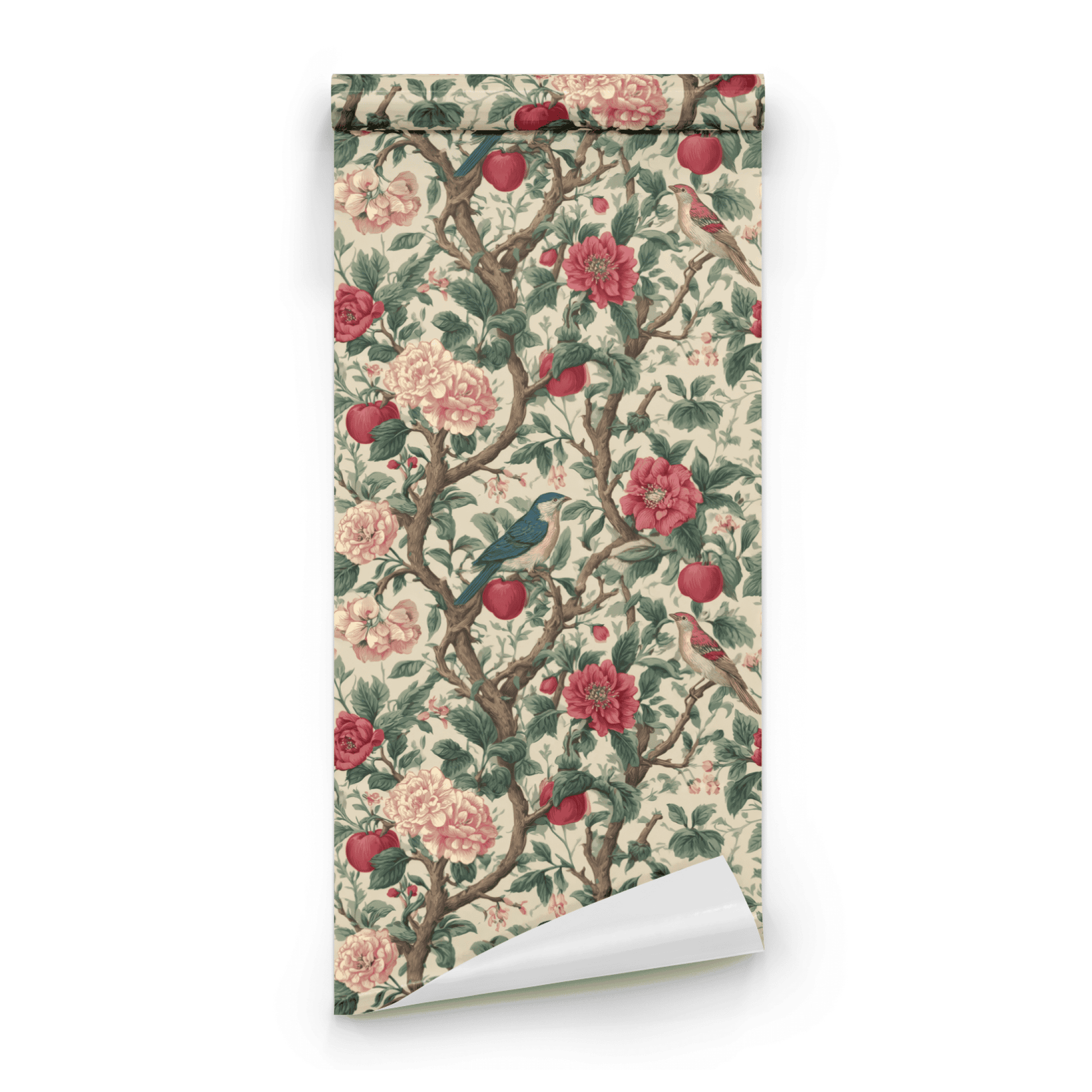Cream Floral Wallpaper roll preview showing the pimpernel floral drawing and the bird-and-fruit content in cream with crimson