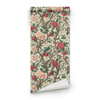 Cream Floral Wallpaper roll preview showing the pimpernel floral drawing and the bird-and-fruit content in cream with crimson