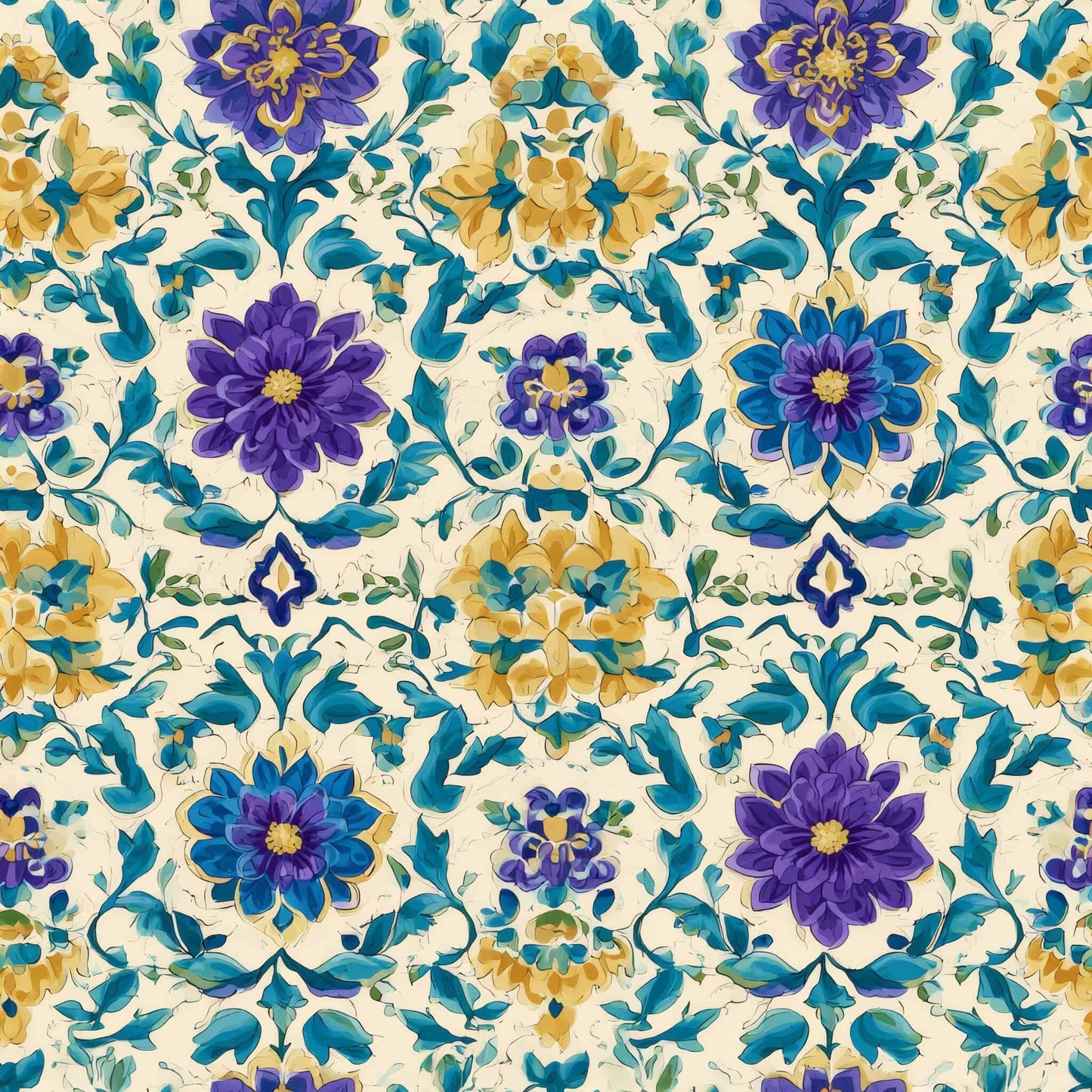 Patterned wallpaper with purple and yellow flowers, teal leaves on a cream background.