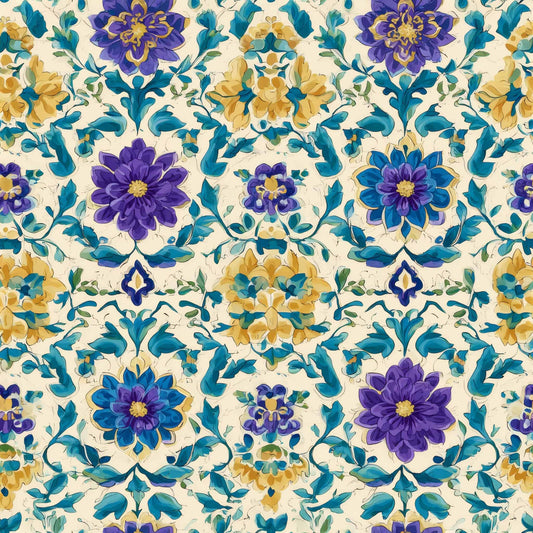 Patterned wallpaper with purple and yellow flowers, teal leaves on a cream background.