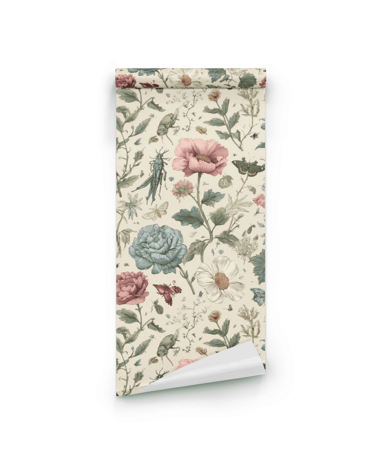 Garden Reverie Wallpaper is a rolled sheet of floral wallpaper with illustrated flowers, leaves, and insects in muted pastel colors, creating a whimsical garden escape on a light background.
