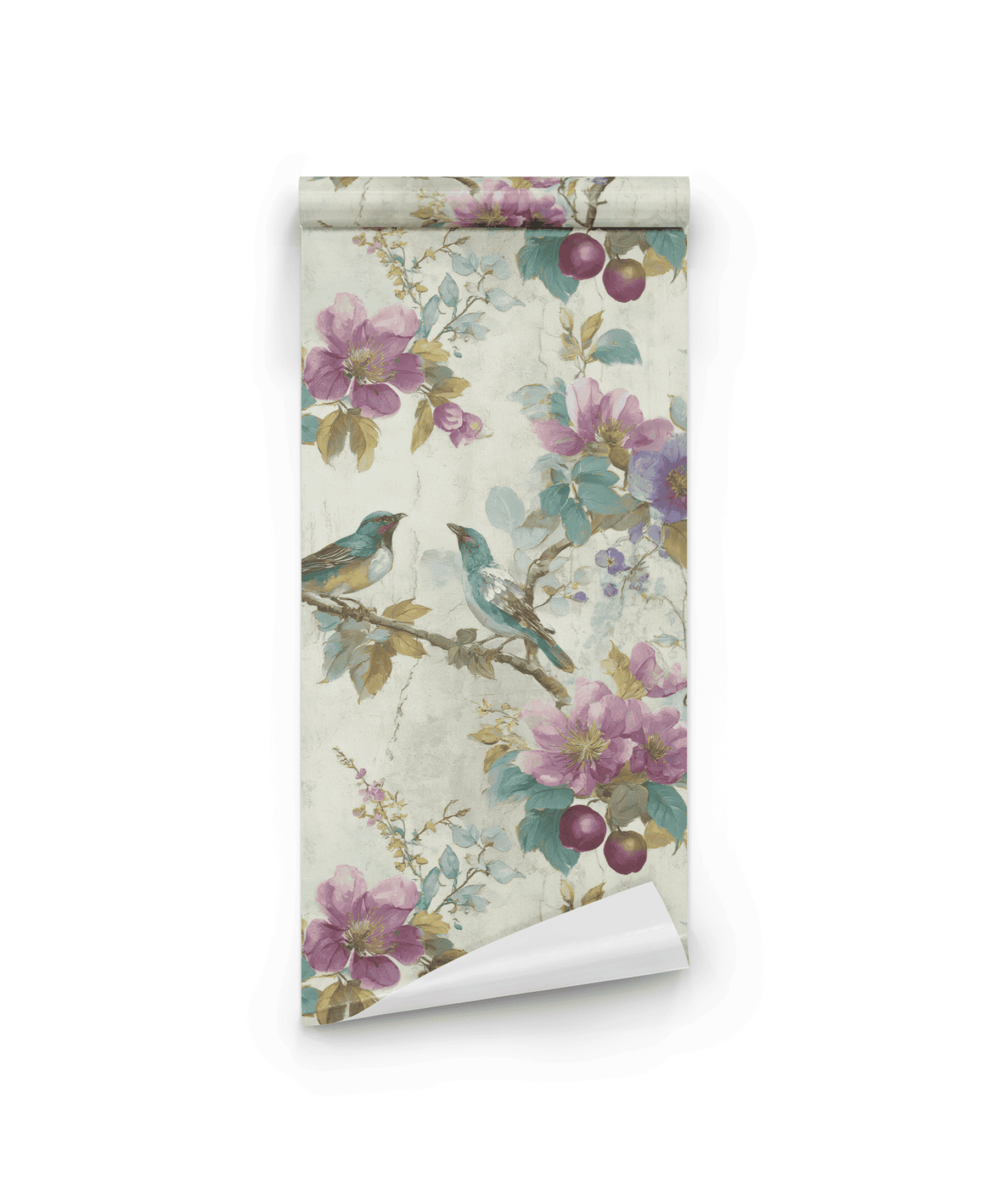 The Charmed Haven Wallpaper features lush purple florals, green leaves, and two vivid birds on branches set against a light background, creating a serene ambiance.