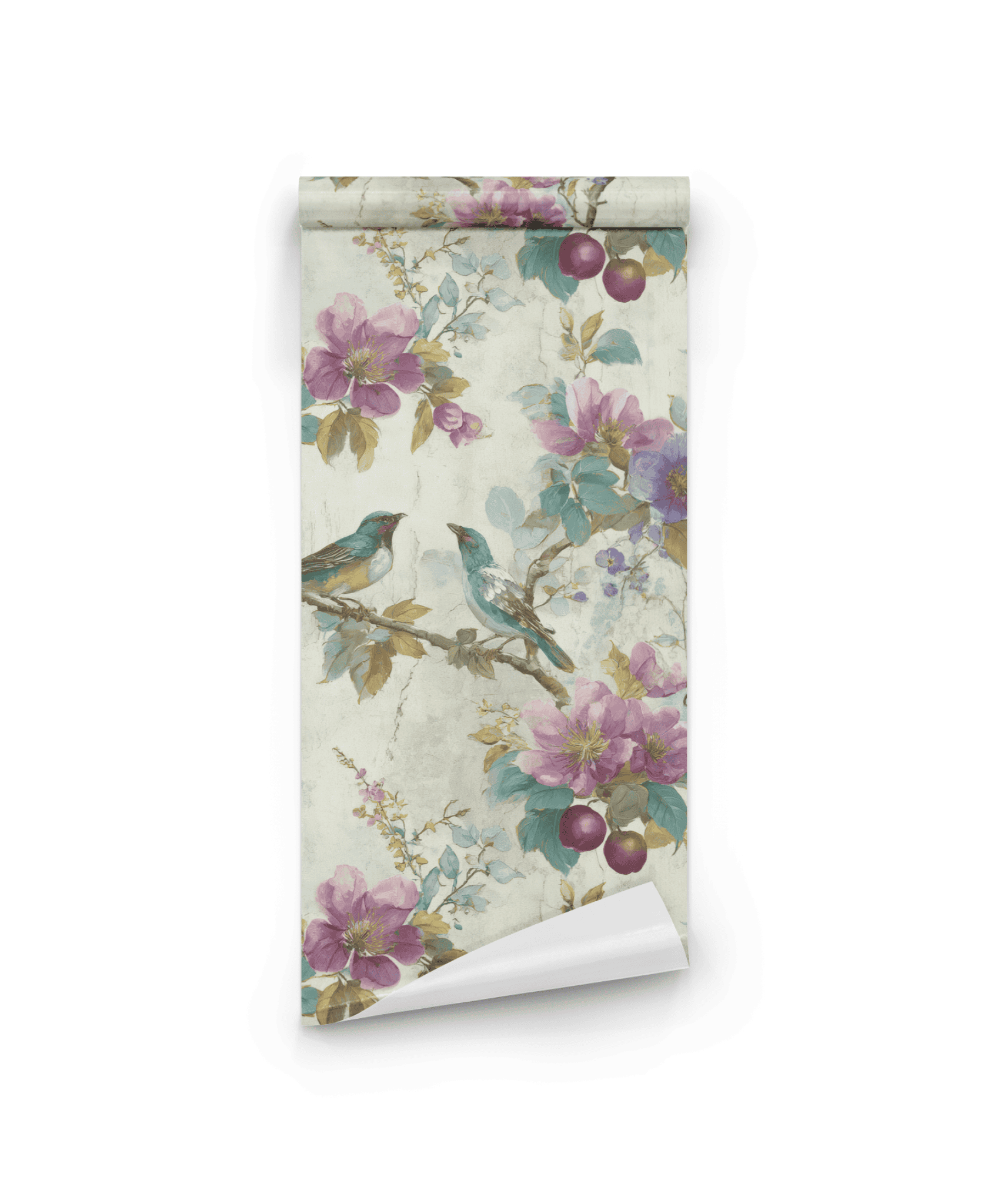 The Charmed Haven Wallpaper features lush purple florals, green leaves, and two vivid birds on branches set against a light background, creating a serene ambiance.