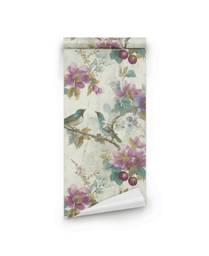 The Charmed Haven Wallpaper features lush purple florals, green leaves, and two vivid birds on branches set against a light background, creating a serene ambiance.