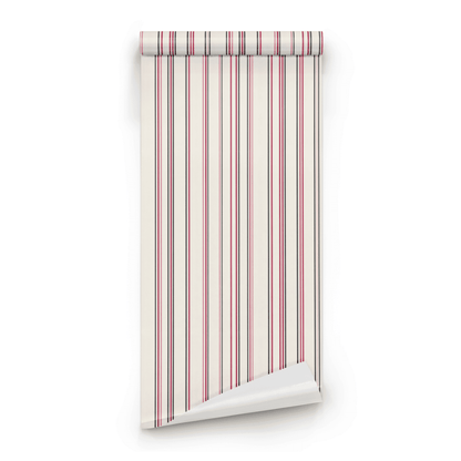 Cream Striped Wallpaper roll preview showing the minimalist stripe pattern in cream and cranberry close-up