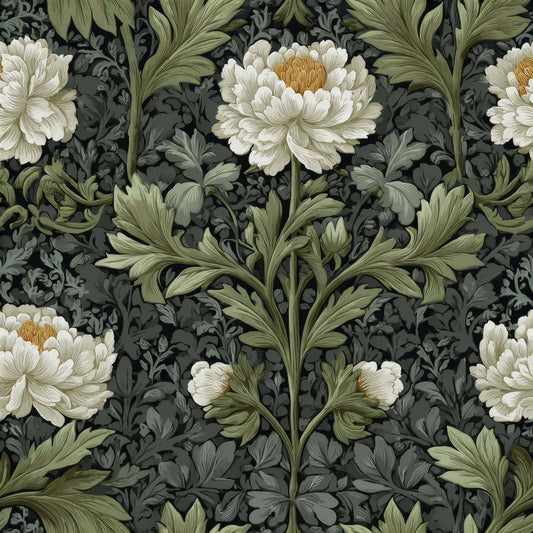 Intricate white and green floral pattern with lush foliage on a dark background.