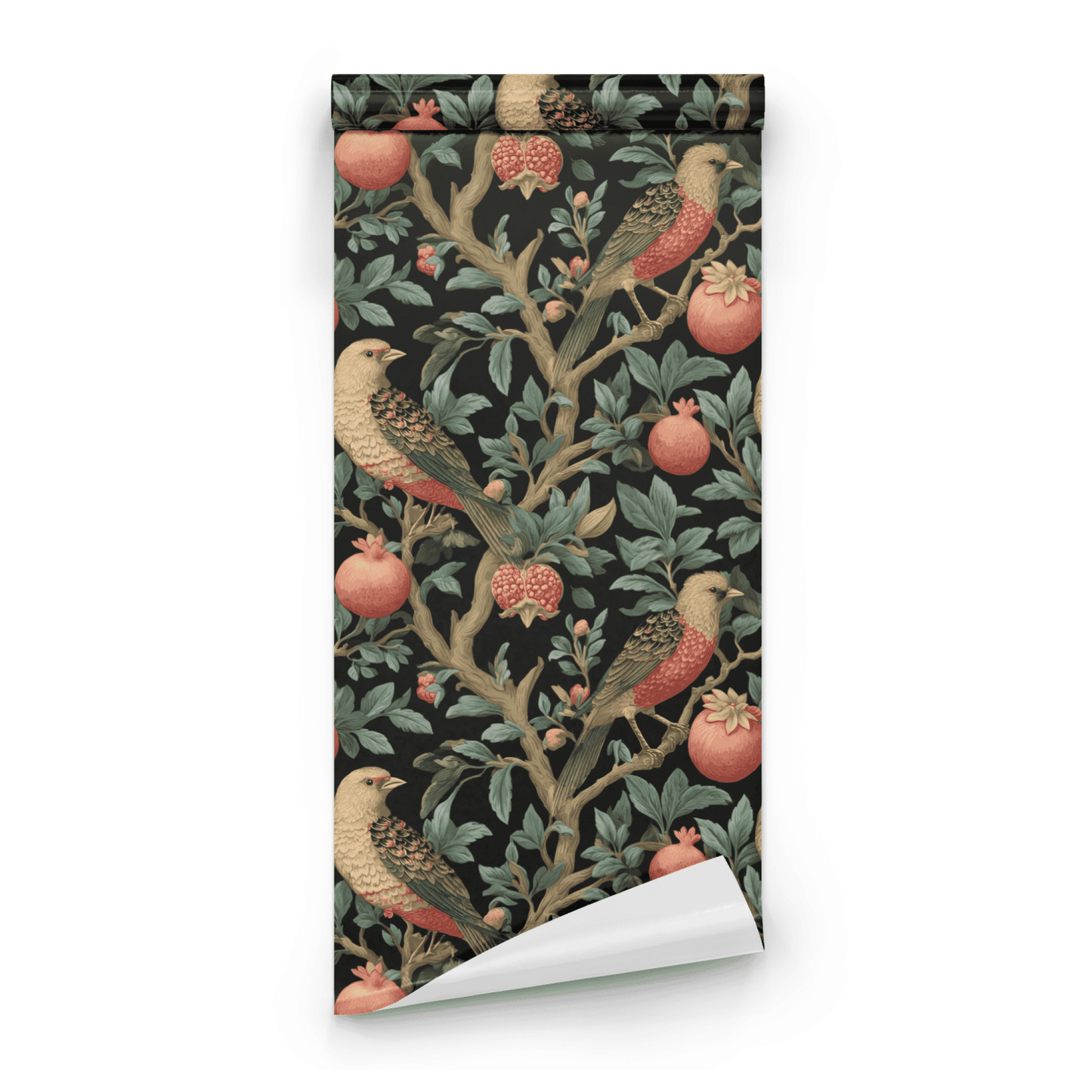 Black Bird Pattern Wallpaper roll close-up showing the bird-and-pomegranate detail on the deep black moody ground