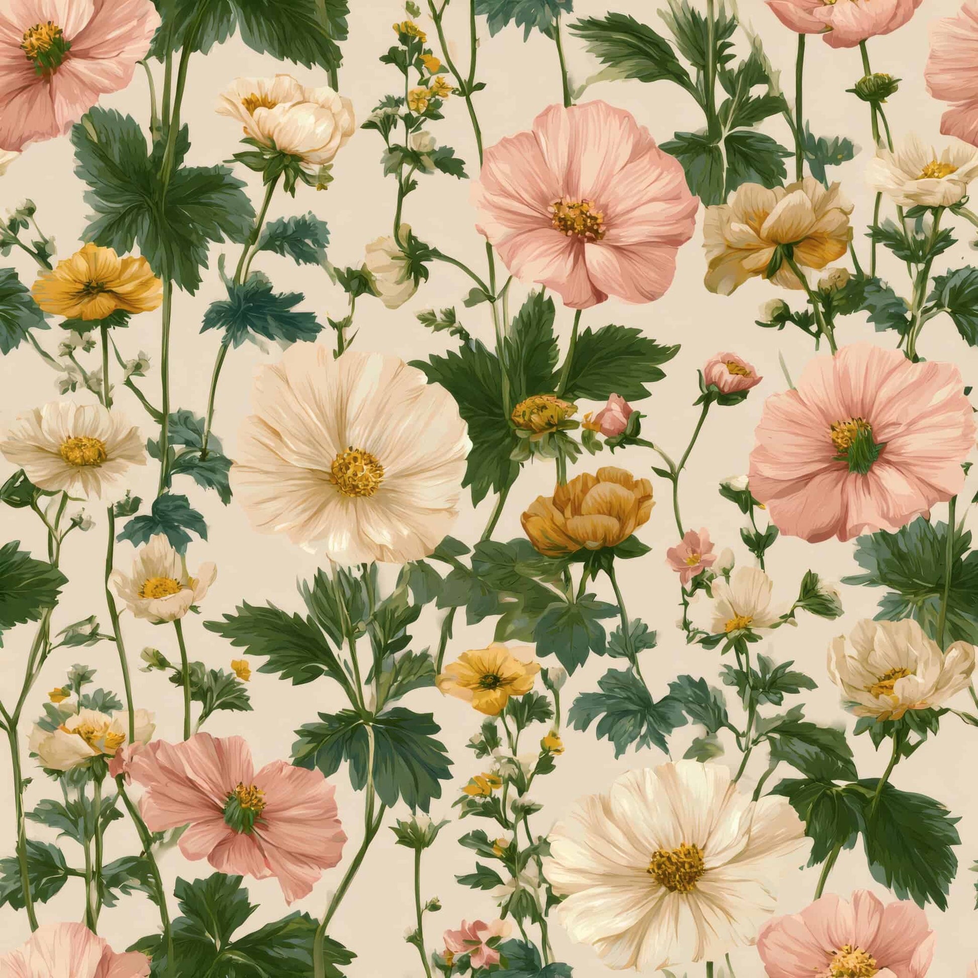 Floral pattern with pink, yellow, and cream flowers on a soft background.