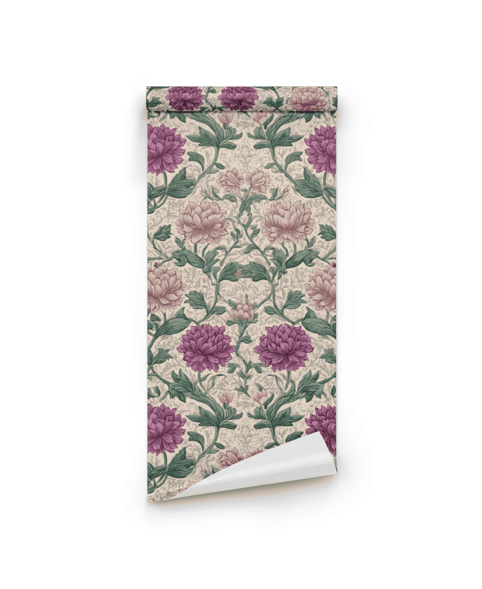 Opulent Bloom Wallpaper: a roll featuring pink and purple peonies, plum flowers, and lush green foliage on a light beige background.
