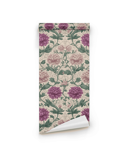 Opulent Bloom Wallpaper: a roll featuring pink and purple peonies, plum flowers, and lush green foliage on a light beige background.
