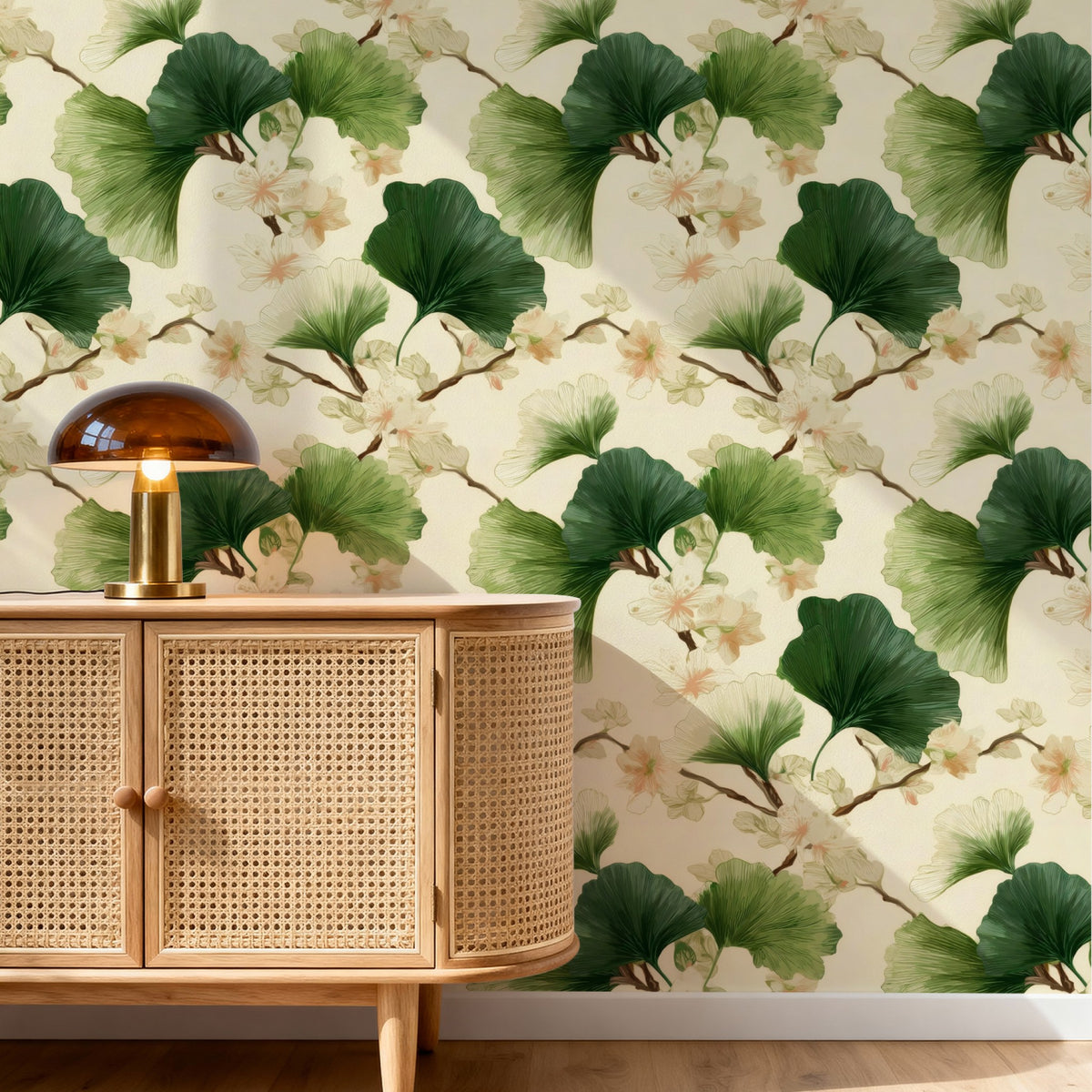 Fan Leaves large scale wallpaper in a styled room