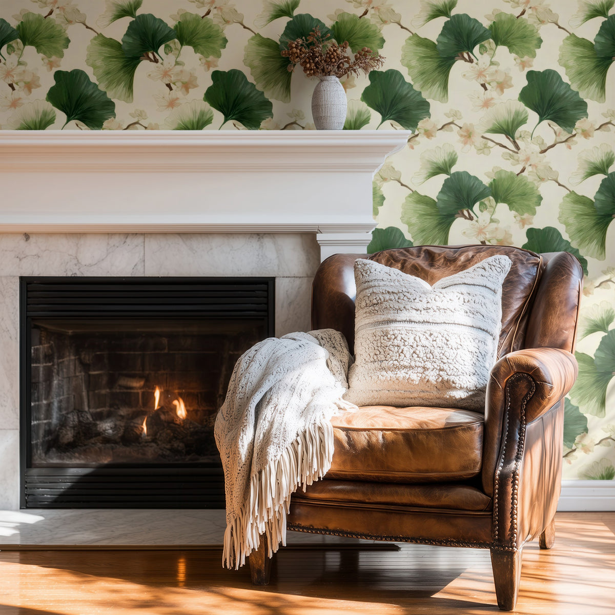 Fan Leaves large scale wallpaper in a styled room