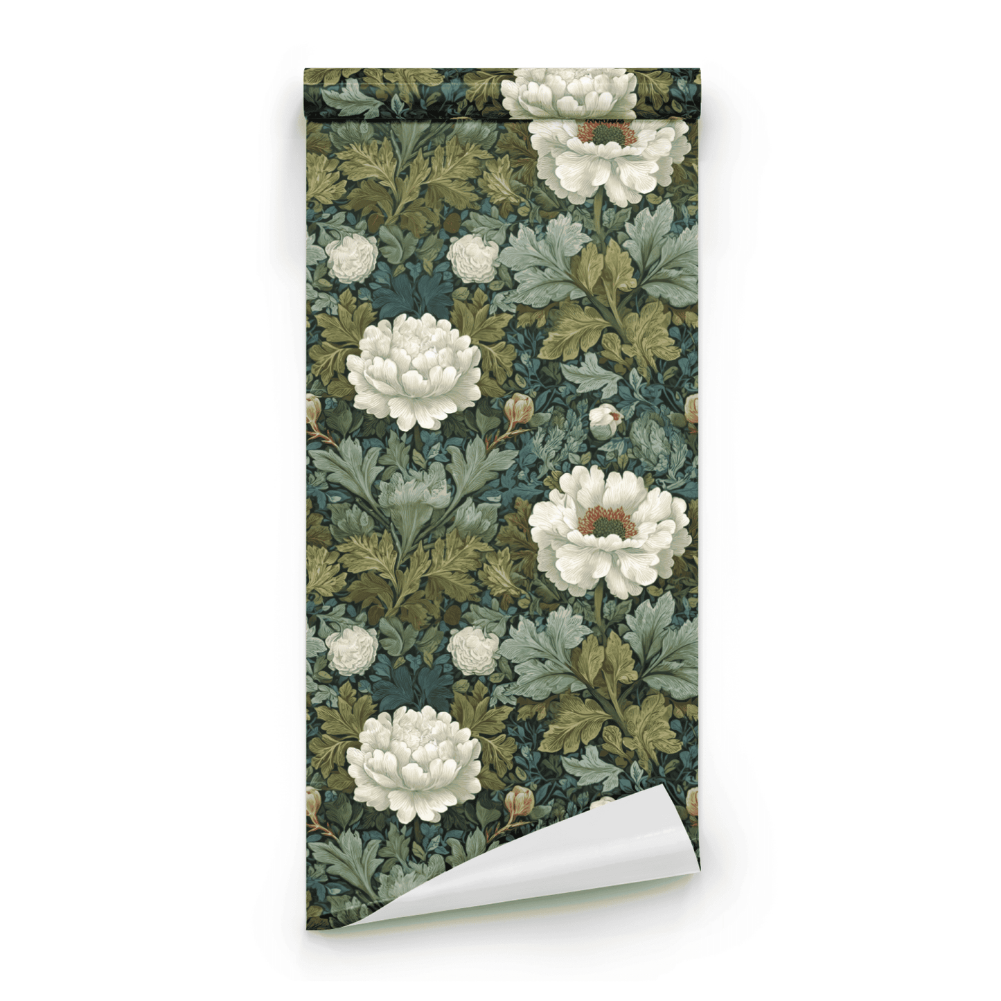 Green Floral Wallpaper roll preview showing the anemone floral drawing in green-and-ivory Arts and Crafts detail