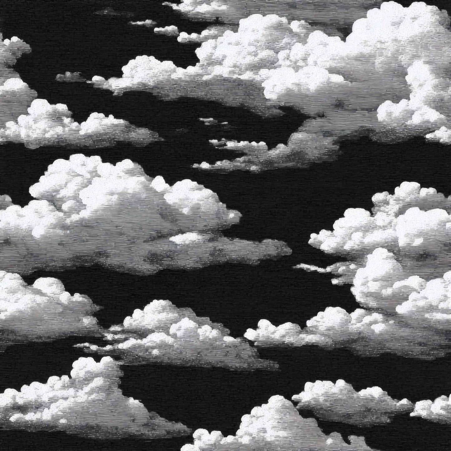 Wallpaper with white fluffy clouds on a deep black background, creating a dreamy sky pattern.