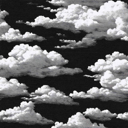 Wallpaper with white fluffy clouds on a deep black background, creating a dreamy sky pattern.