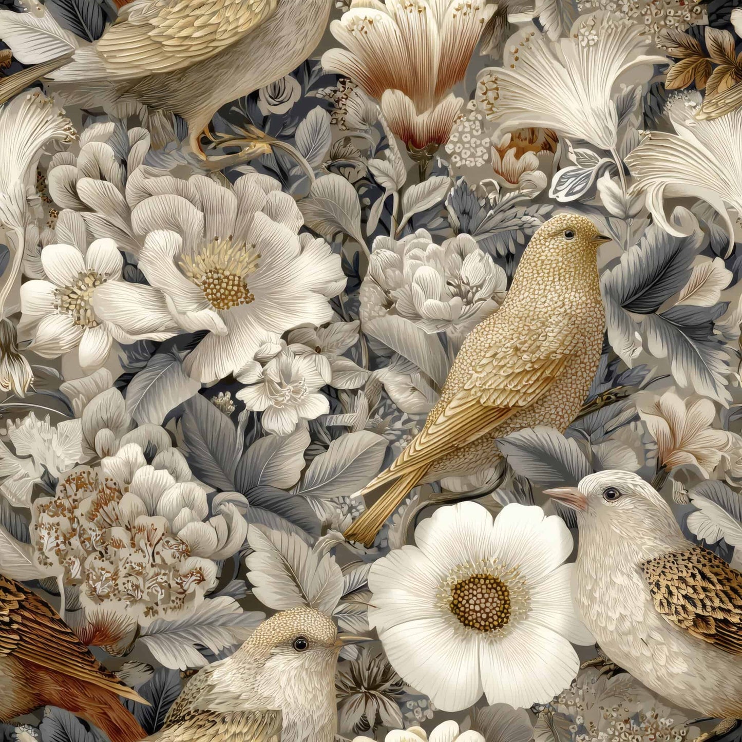 Wallpaper with detailed imagery of birds and flowers in soft, neutral tones.