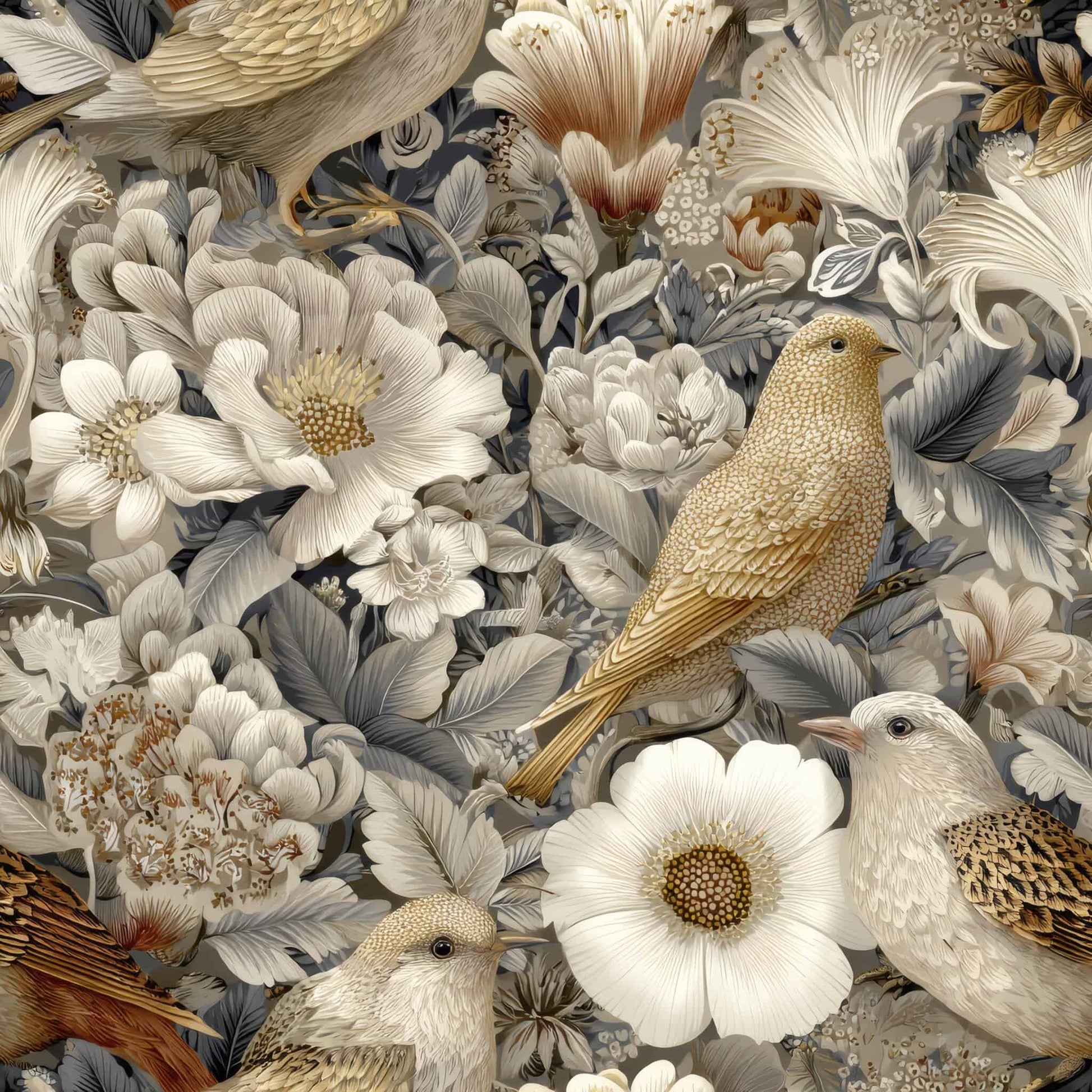 Wallpaper with detailed imagery of birds and flowers in soft, neutral tones.