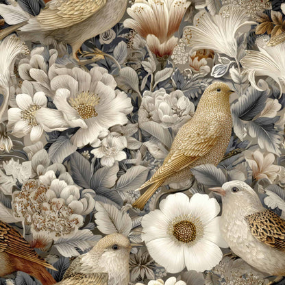 Wallpaper with detailed imagery of birds and flowers in soft, neutral tones.