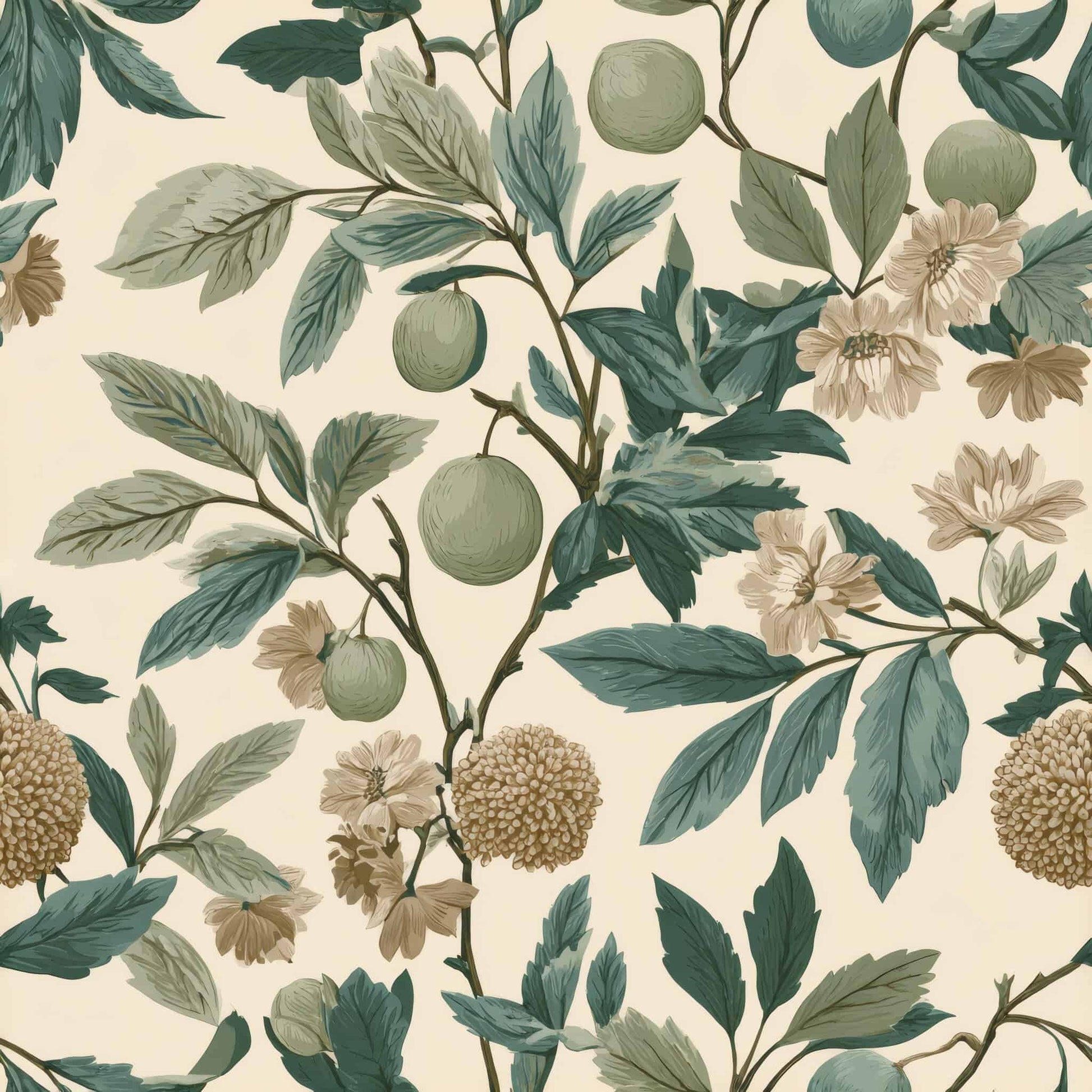 Wallpaper with lush green leaves, muted florals, and botanical elements on a light background.