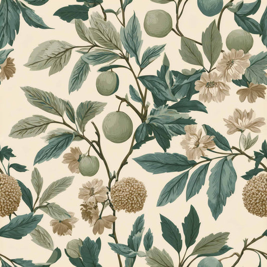 Wallpaper with lush green leaves, muted florals, and botanical elements on a light background.