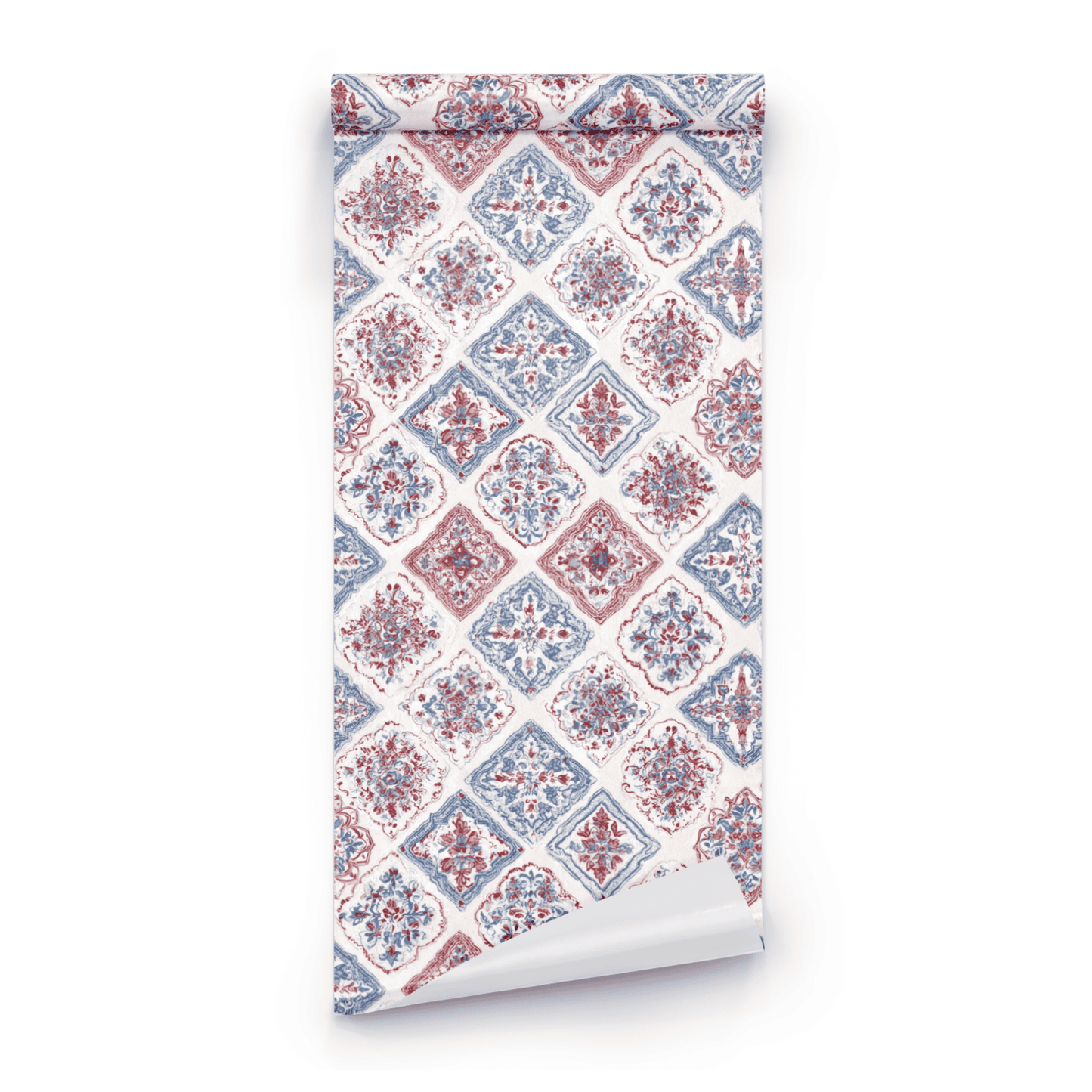 Burgundy Arabesque | Cream Damask Wallpaper | Block Print - Roll Preview