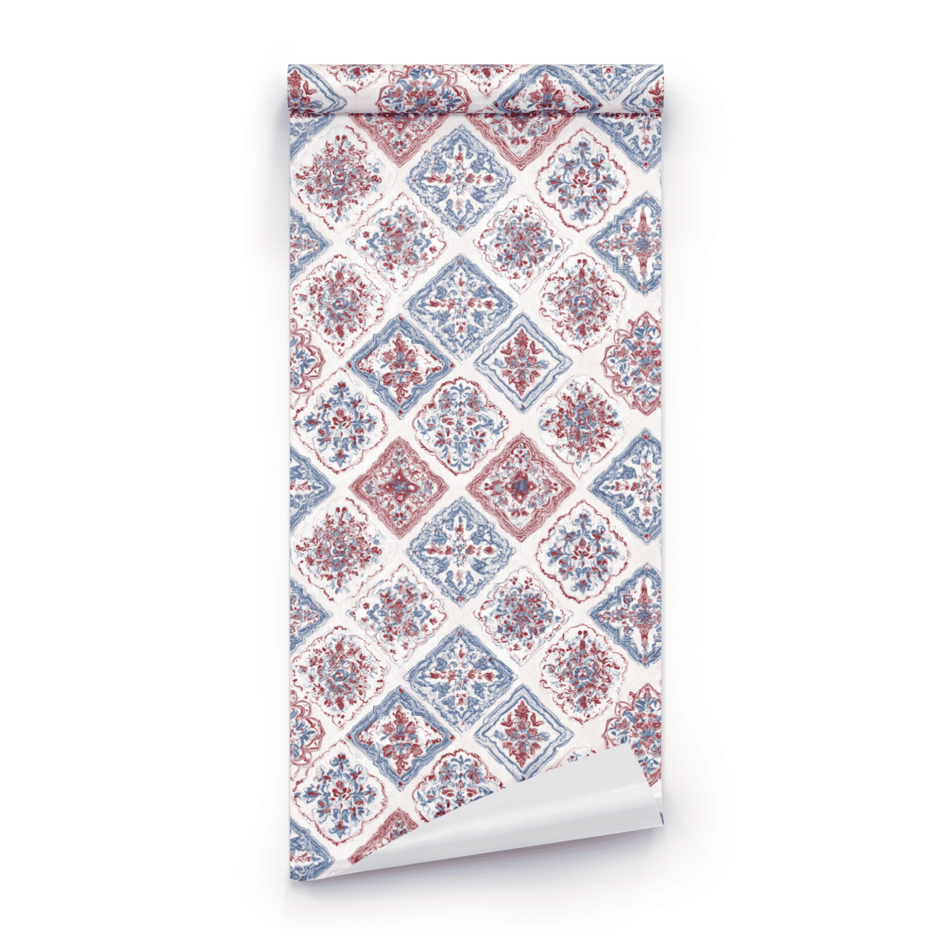 Burgundy Arabesque | Cream Damask Wallpaper | Block Print - Roll Preview