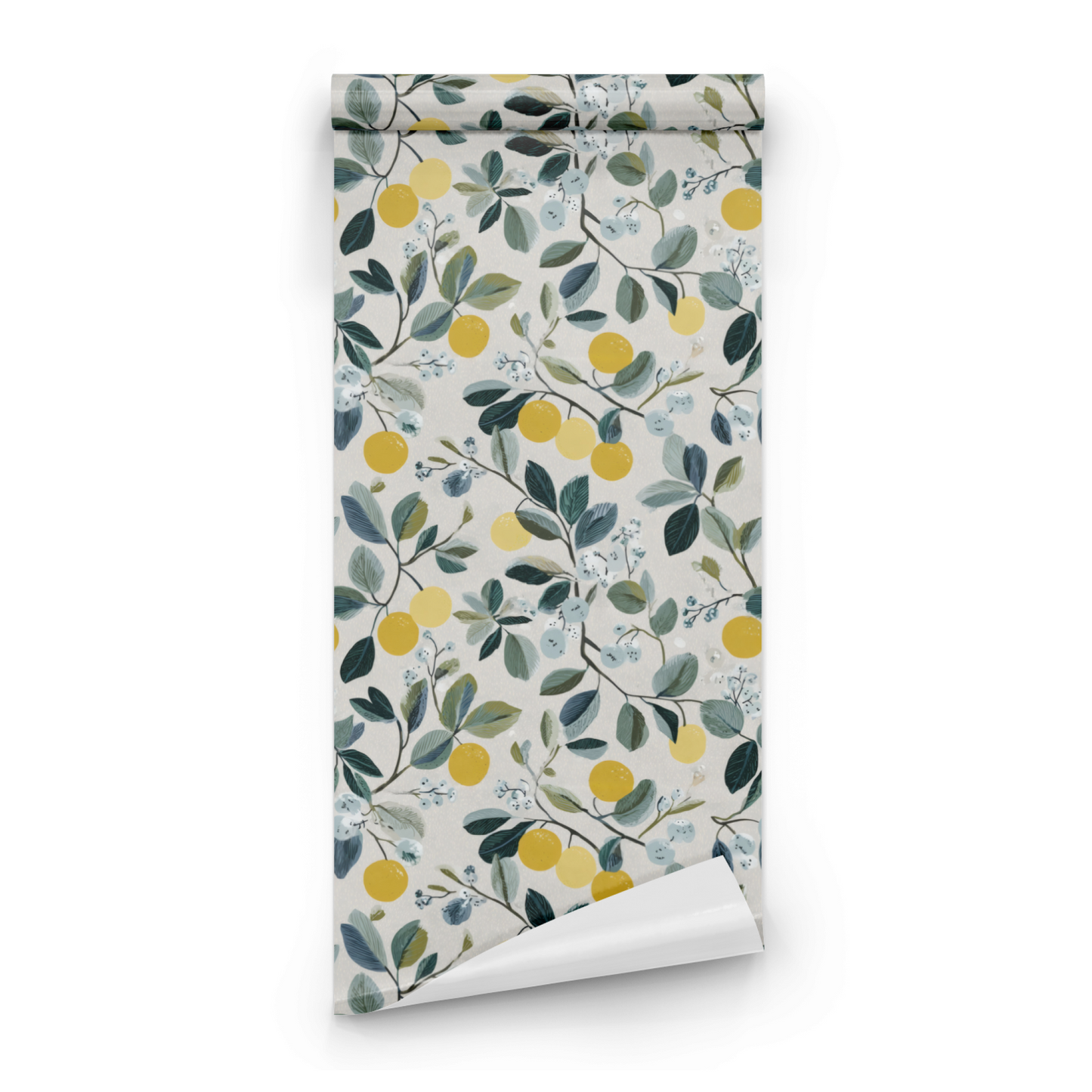 Neutral Botanical Wallpaper roll close-up showing the botanical fruit drawing in close neutral golden detail