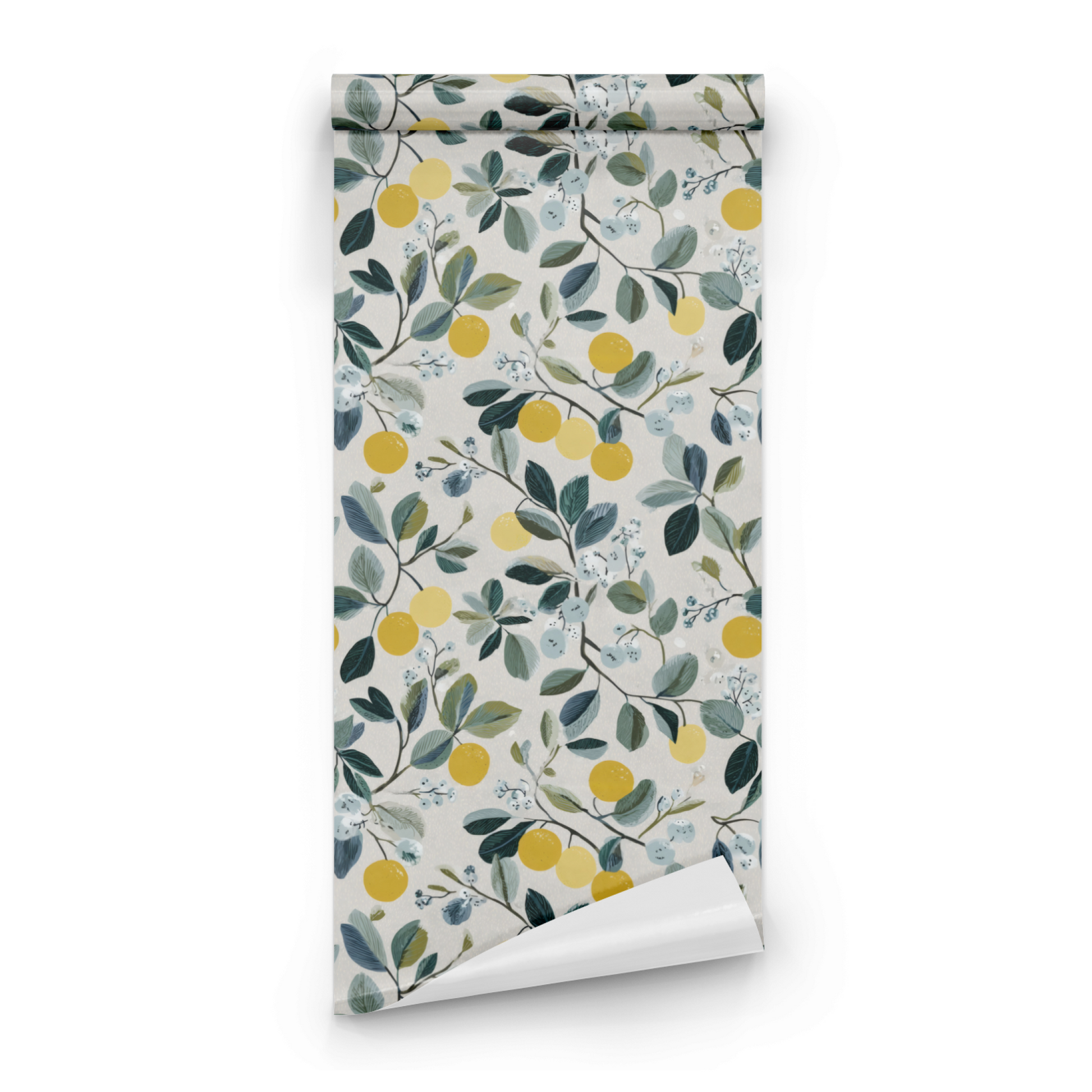 Neutral Botanical Wallpaper roll close-up showing the botanical fruit drawing in close neutral golden detail