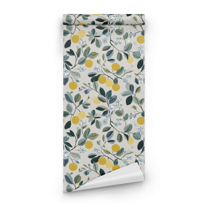 Neutral Botanical Wallpaper roll close-up showing the botanical fruit drawing in close neutral golden detail