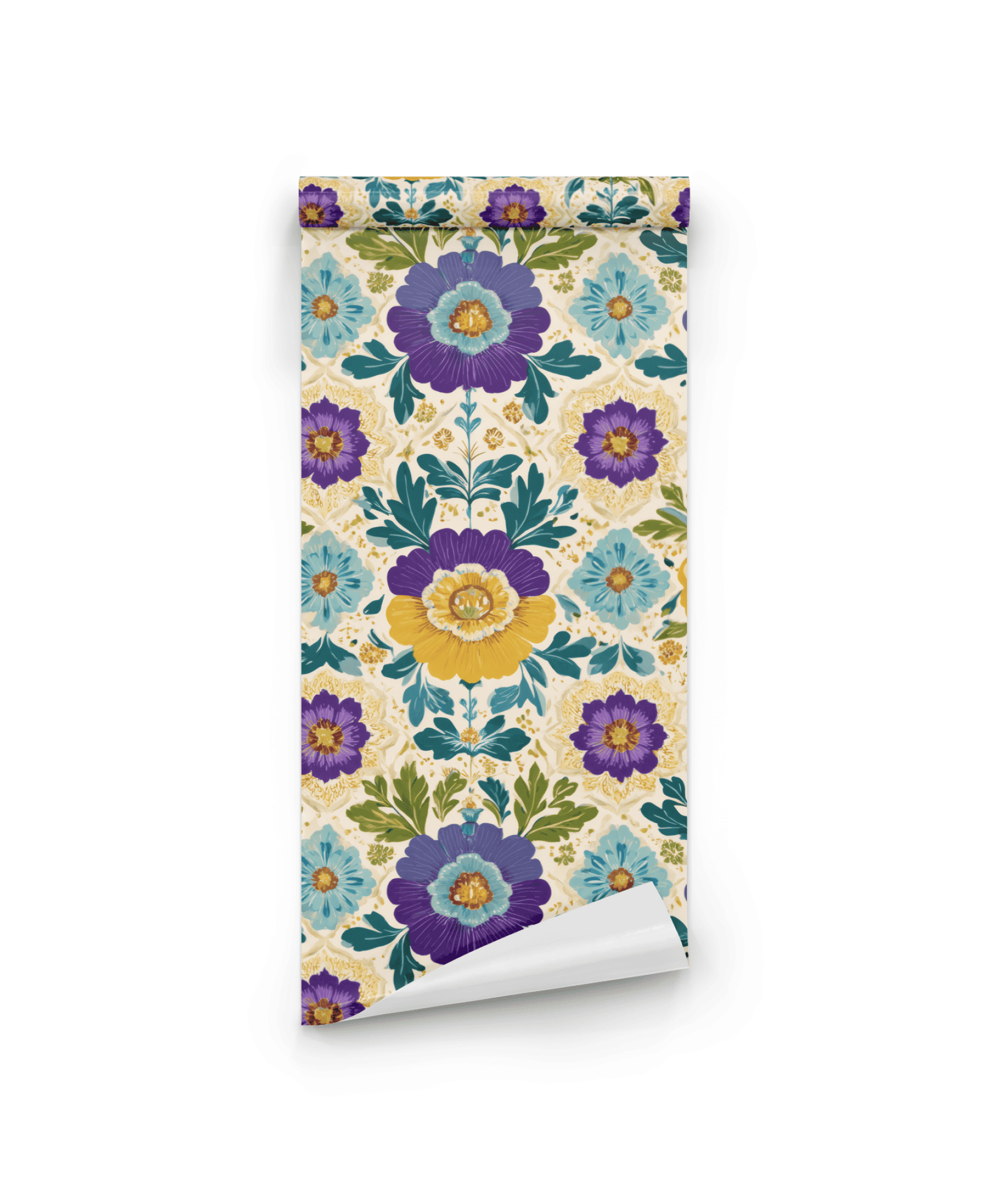 Floral Harmony Wallpaper features a large purple floral pattern with yellow and blue flowers, plus green leaves on a light background—an elegant choice to enhance any room.