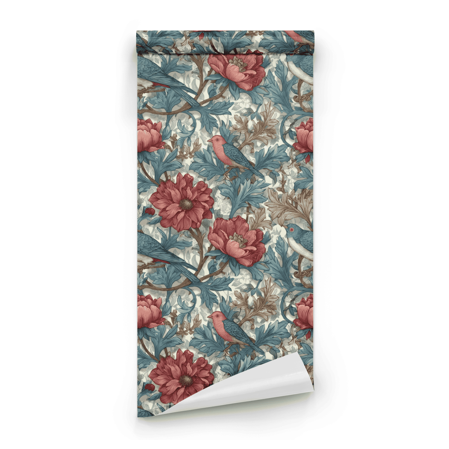 Green Floral Wallpaper roll preview showing the finch bird detail and the claret green Arts and Crafts florals in fine drawing