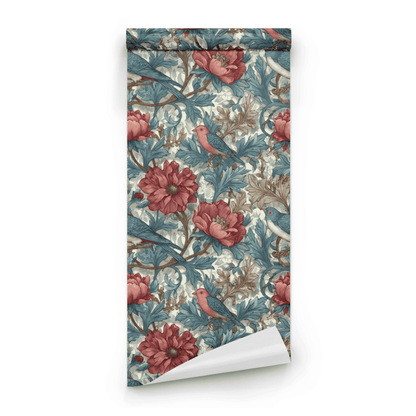 Green Floral Wallpaper roll preview showing the finch bird detail and the claret green Arts and Crafts florals in fine drawing