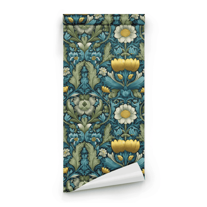 Green Floral Wallpaper roll close-up showing the anemone drawing in close deep teal green Arts and Crafts detail