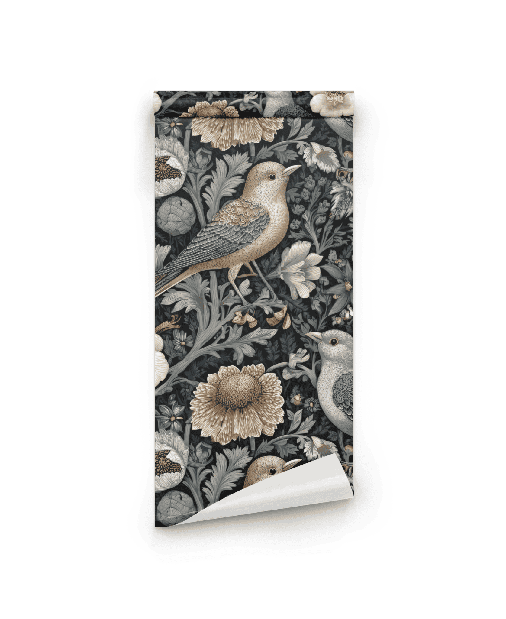 Nocturnal Aviary Wallpaper offers timeless elegance with graceful birds and delicate blooms in muted tones set against a dark background.