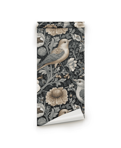 Nocturnal Aviary Wallpaper offers timeless elegance with graceful birds and delicate blooms in muted tones set against a dark background.