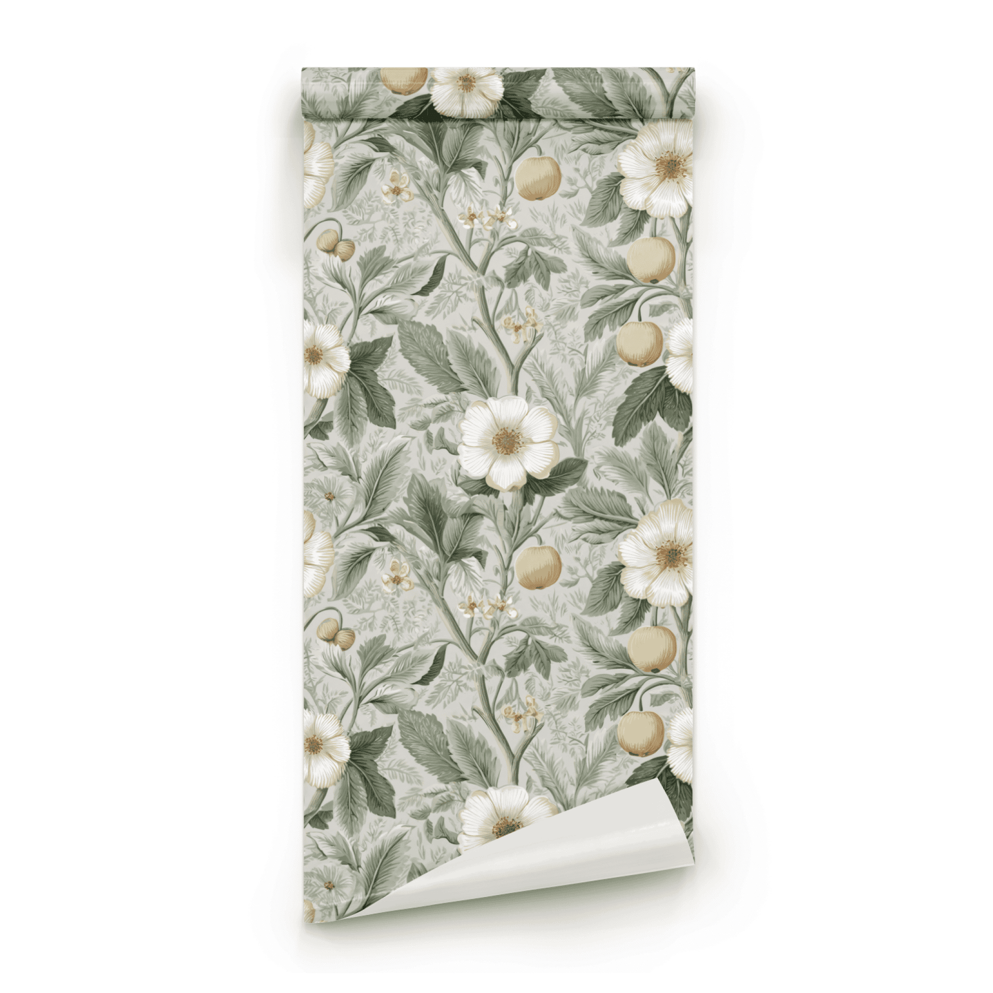Green Floral Wallpaper roll close-up showing the orchard floral drawing in close neutral Arts and Crafts detail