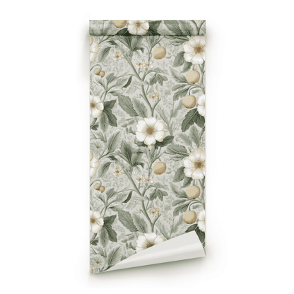Green Floral Wallpaper roll close-up showing the orchard floral drawing in close neutral Arts and Crafts detail