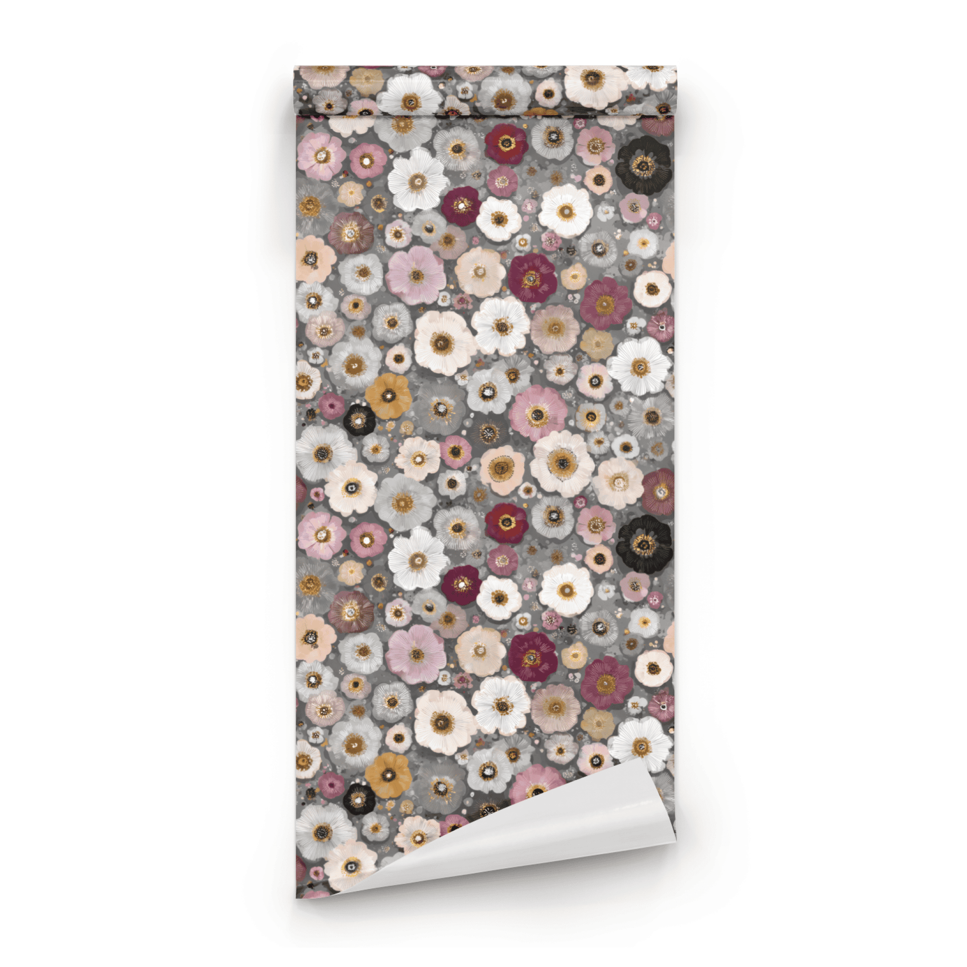 Grey Floral Wallpaper roll close-up showing the petal drawing in close pastel grey detail