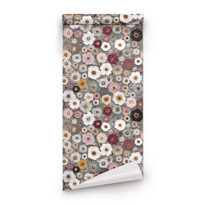 Grey Floral Wallpaper roll close-up showing the petal drawing in close pastel grey detail