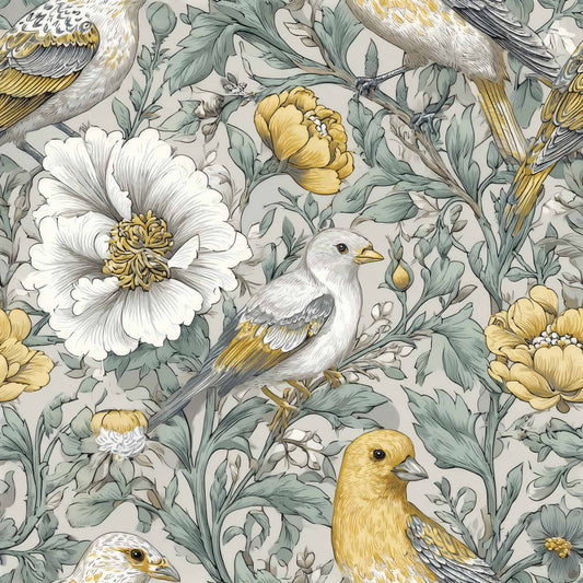 Wallpaper design featuring birds and flowers in muted yellow and green tones on a gray background.