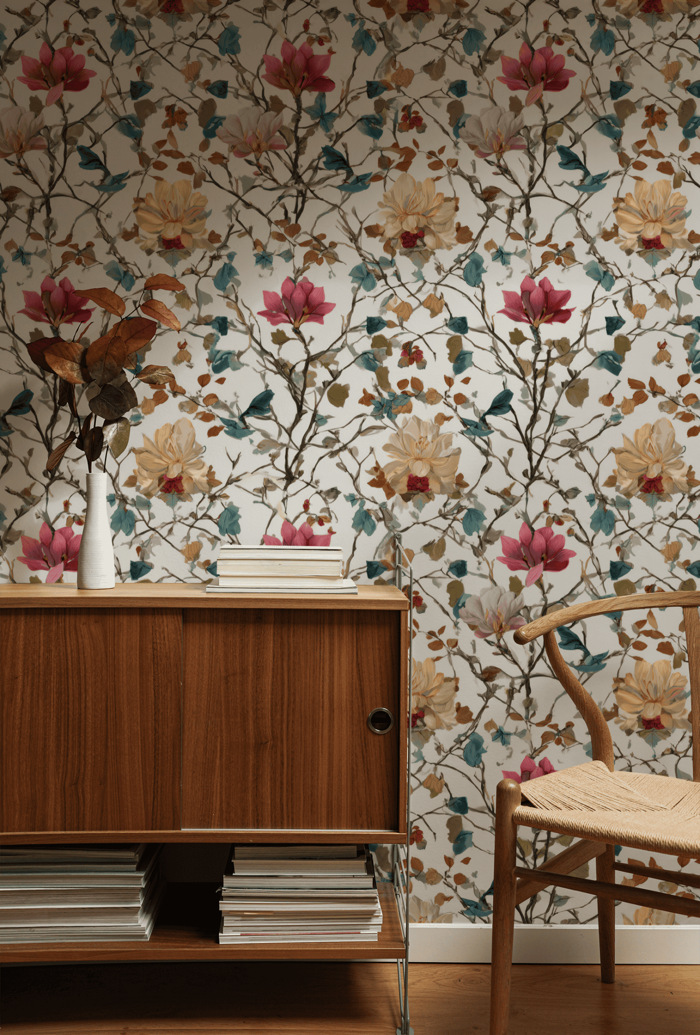 A mid-century wooden cabinet with stacked books and a vase stands against a wall adorned with Magnolia Blooms Wallpaper, which features cream florals and blue botanical patterns. A wooden chair sits beside the cabinet, creating a timelessly elegant look.