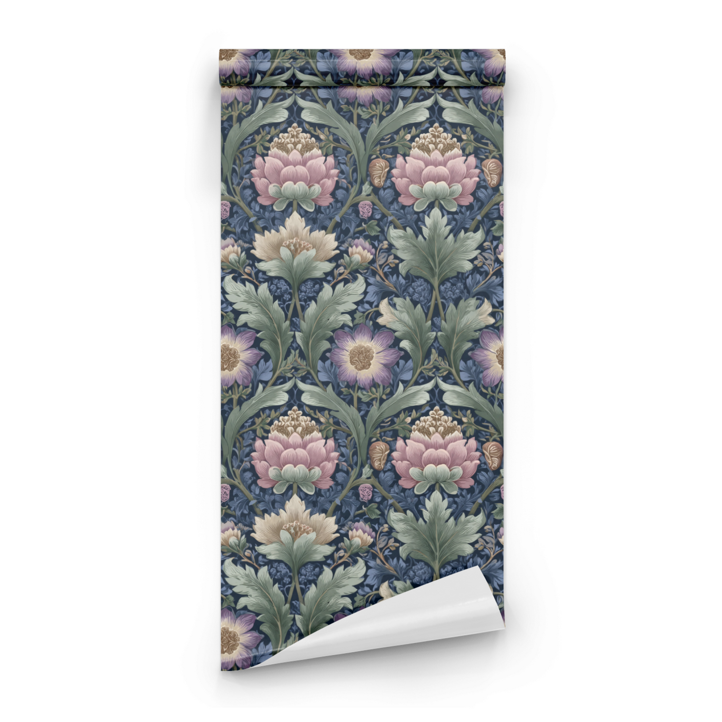 Blue Floral Wallpaper roll preview showing the verdure botanical drawing in close indigo Arts and Crafts detail