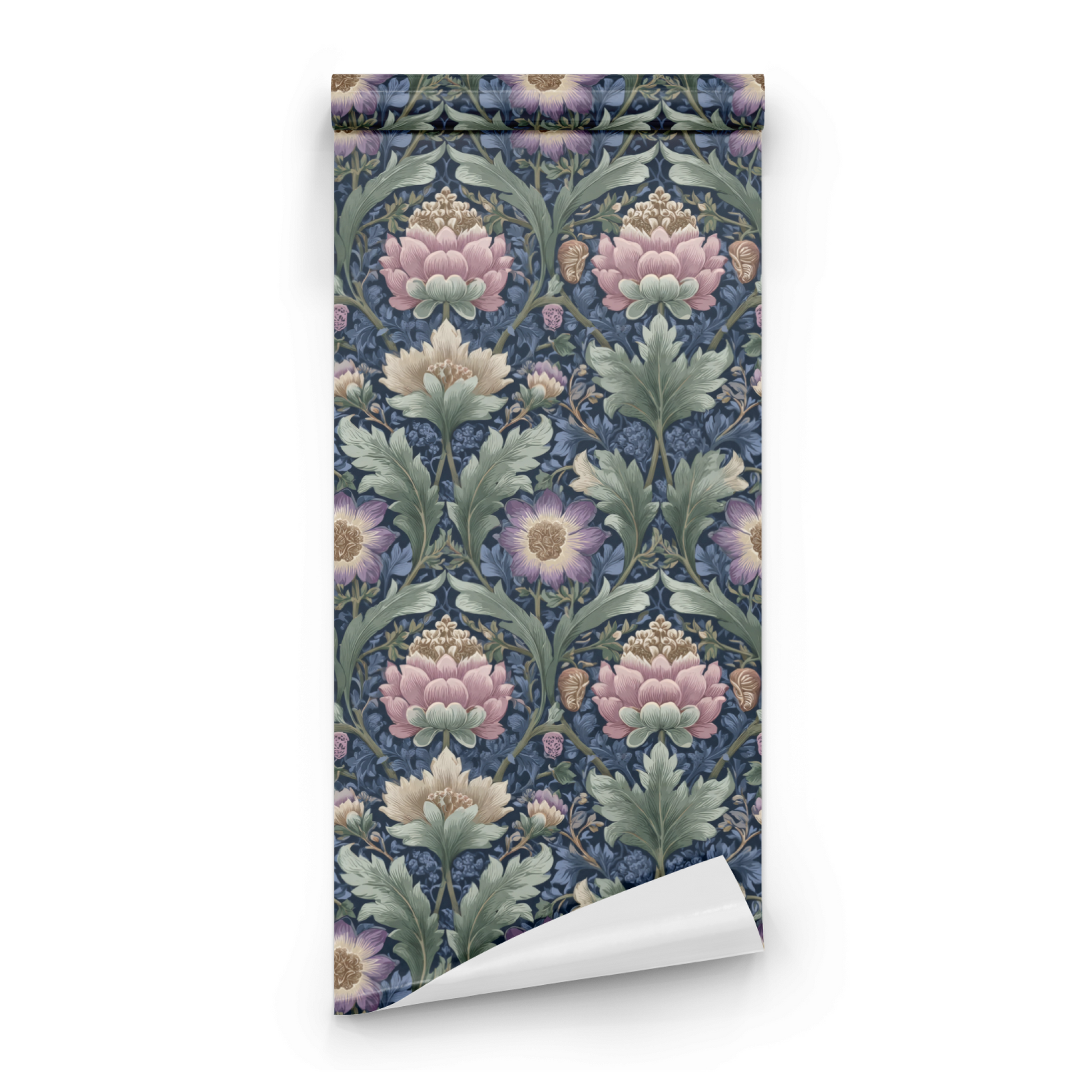 Blue Floral Wallpaper roll preview showing the verdure botanical drawing in close indigo Arts and Crafts detail