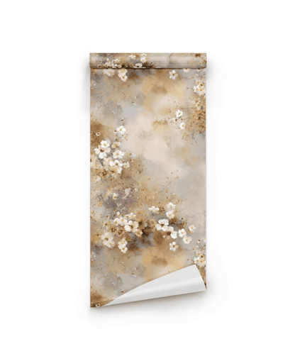 The Ethereal Blossom Wallpaper, featuring a muted floral pattern in beige, brown, and white tones, adds elegant decor and subtle floral accents as it’s partially unrolled against a white background.
