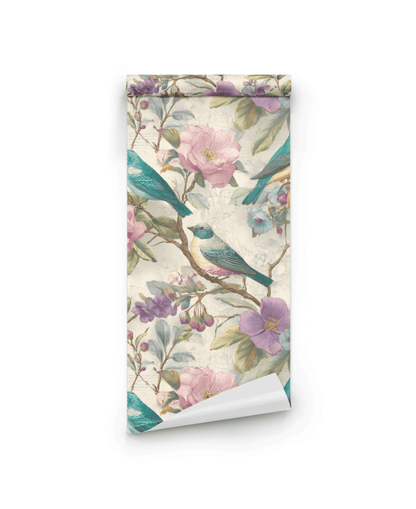 Serenade Blossom Wallpaper is a rolled sheet featuring blue and yellow birds perched on branches with pink and purple flowers, perfect for a romantic garden vibe.
