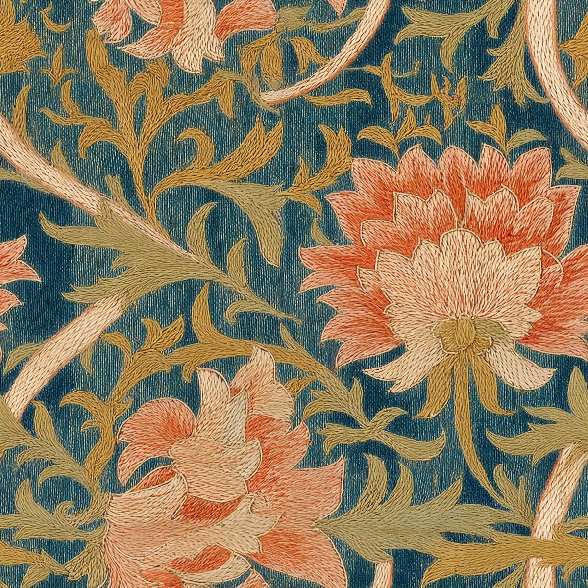 Large coral and peach flower heads on golden scrolling stems over a deep teal ground, from a Morris embroidery, a William Morris design.