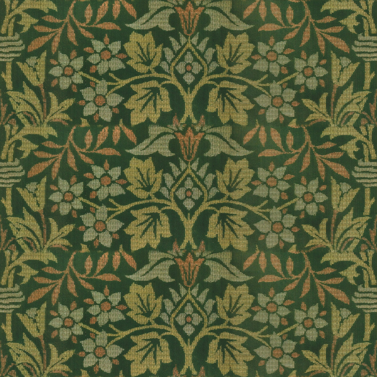 Rust flowers within large mirrored olive leaves on a deep green ground, a William Morris design.
