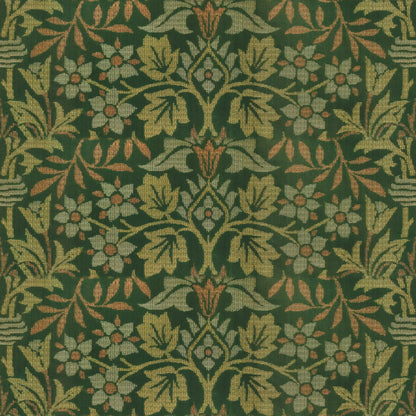 Rust flowers within large mirrored olive leaves on a deep green ground, a William Morris design.