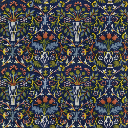 Pale vases of red, gold and blue flowers among leafy scrolls on deep navy, a William Morris design.